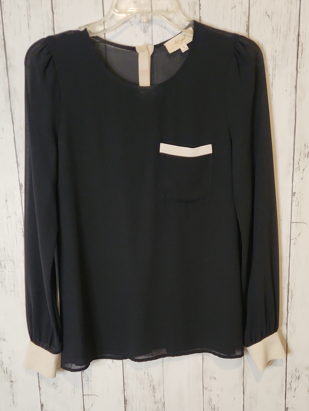 Lost April Black & Cream Contrast Sheer Blouse | Size Small | Classic Chic